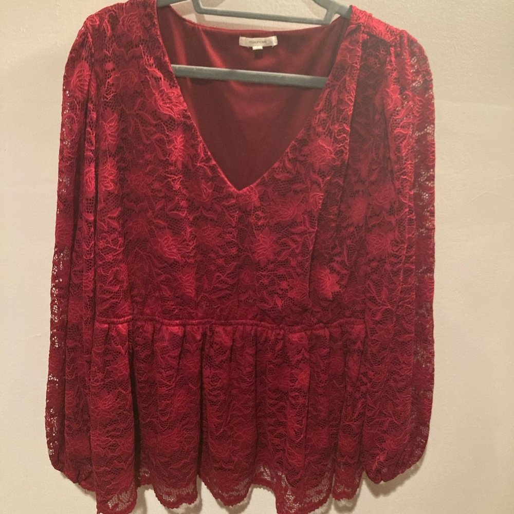 Maurices 1X red burgundy lace long sleeve blouse floral pattern flower lacey